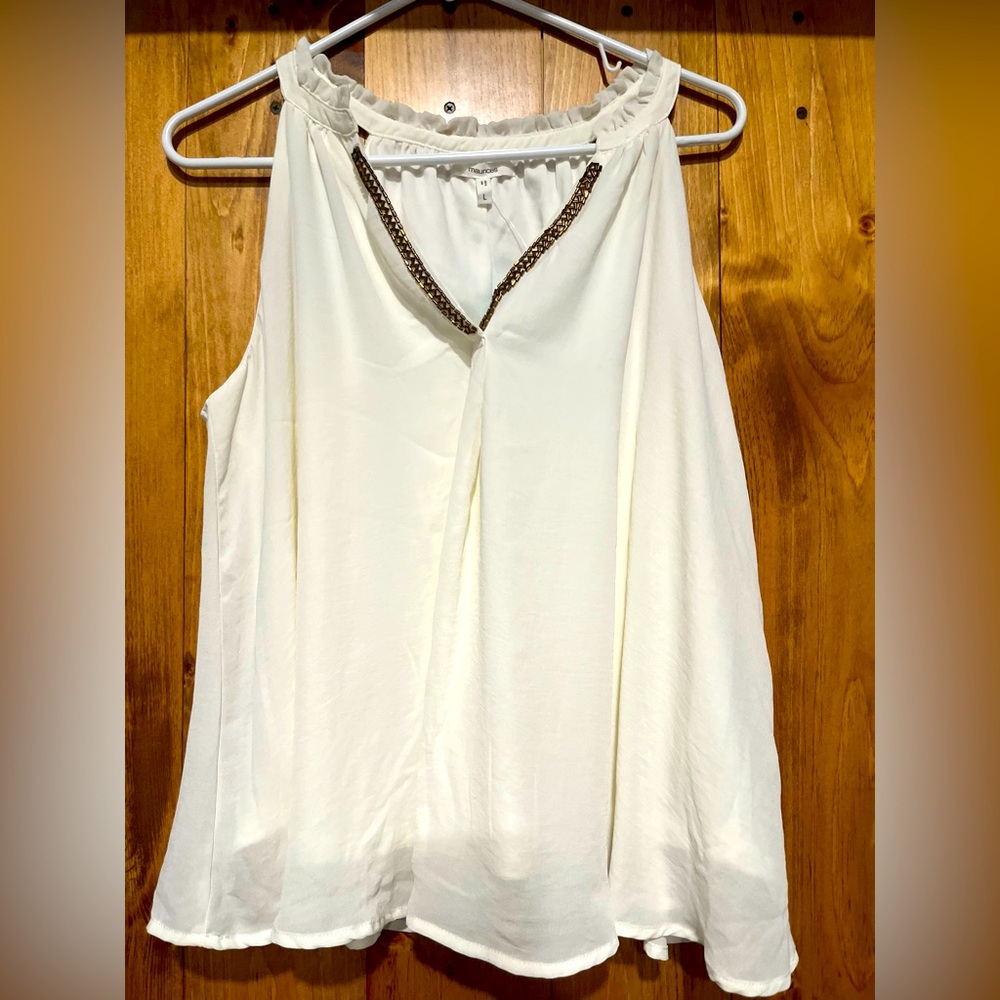 Maurices Cream Sleeveless Top with Beaded V-Trim